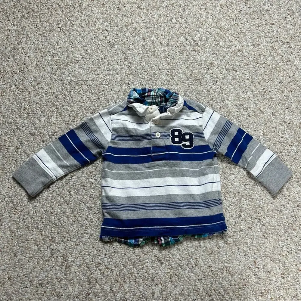 Children’s Place Striped Long Sleeve Layered Polo Boys 6 Plaid Collar 1/4 Button